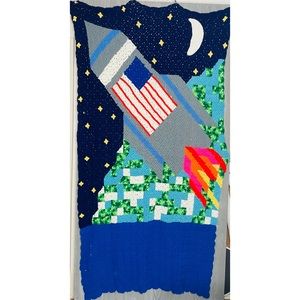 Large handmade granny square pixilated crochet rocket ship space throw blanket